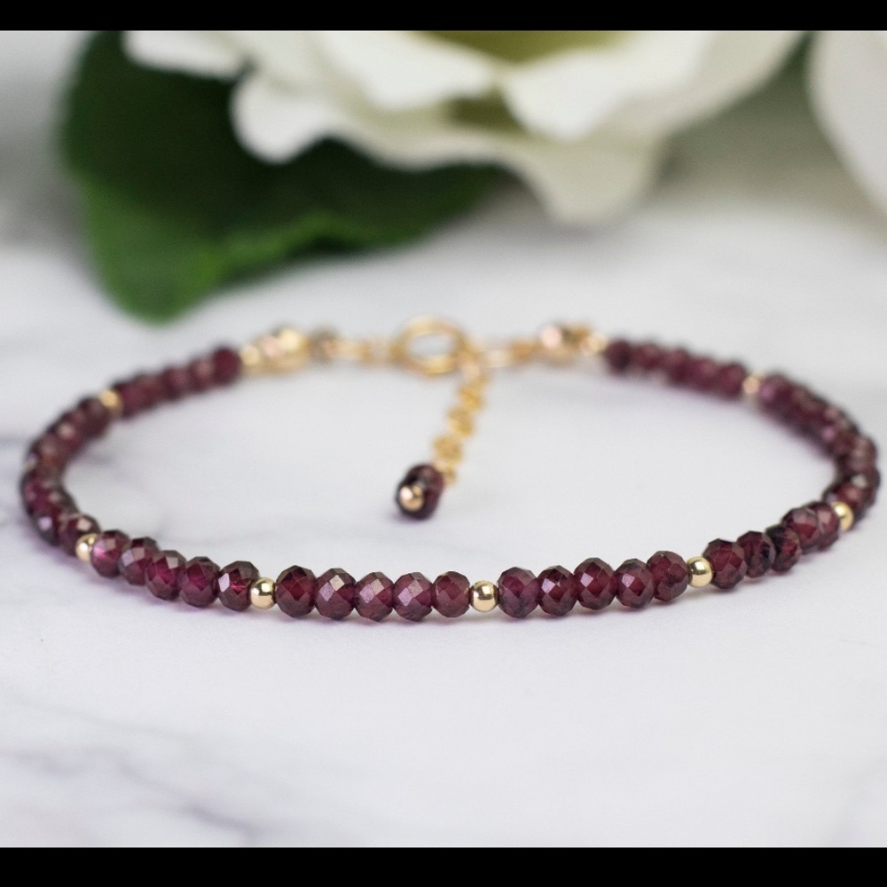 Garnet bracelet genuine red gemstone beaded bracelet 14k gold filled